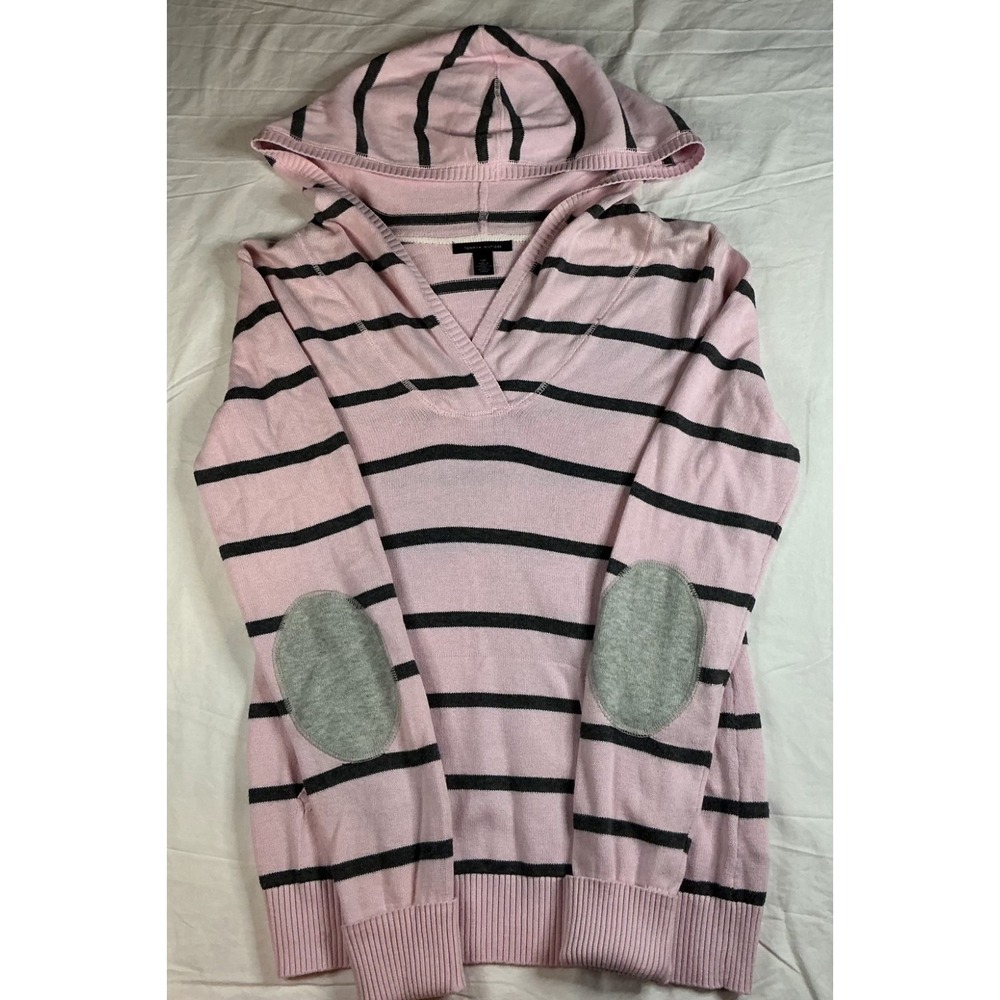 Tommy Hilfiger Pink Striped Hooded Sweater Small Elbow Patch Pullover